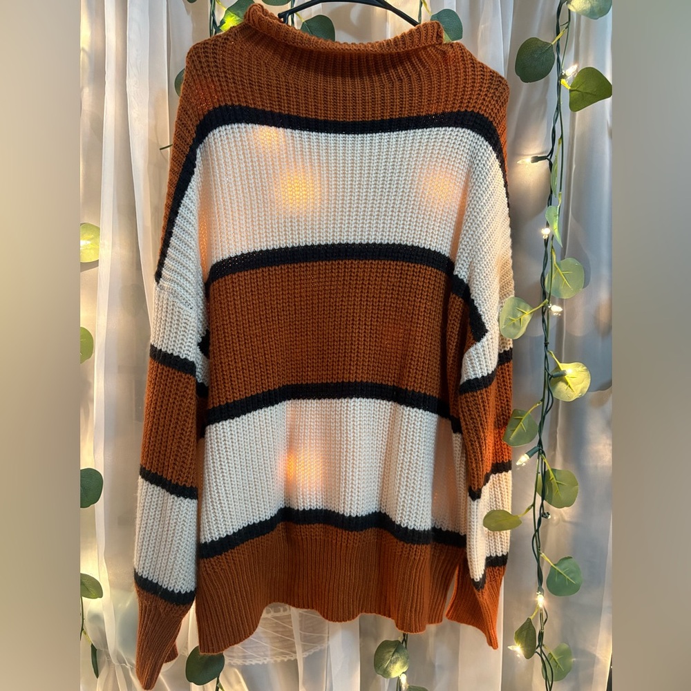 Brown and White Striped Turtleneck Sweater